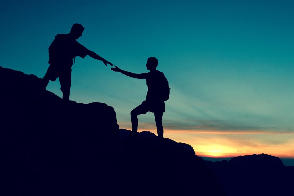 couple, climbing, help, mountain, sunset, hiking, nature, adventure, landscape, mountaineering, achievement, outdoor, motivation